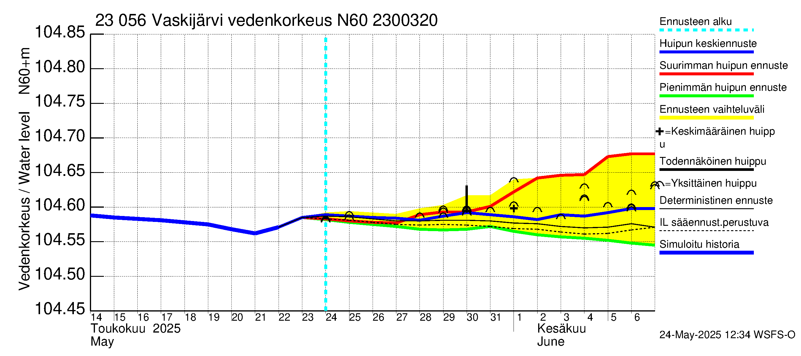 Karjaanjoen vesistöalue - Vaskijärvi: Vedenkorkeus - huippujen keski- ja ääriennusteet