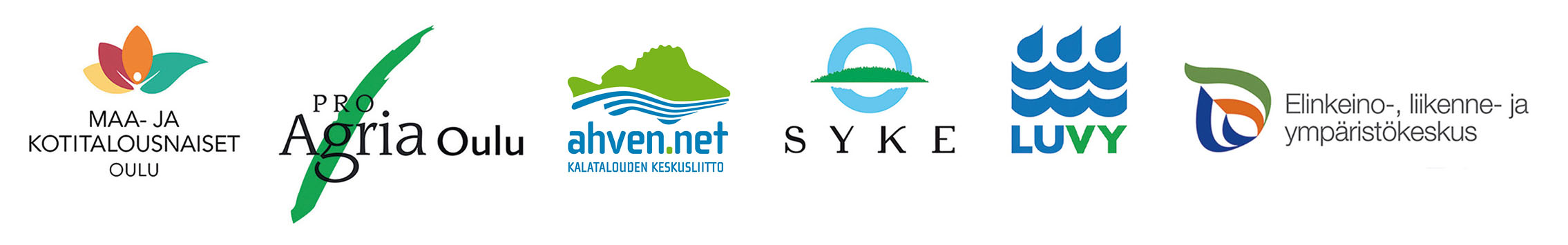 Järjestäjäorganisaatioiden logot hankkeelle Verkostoilla tehoa vesienhoitoon: Maa- ja kotitalousnaiset Oulu, ProAgria Oulu, Kalatalouden keskusliitto Ahven.net, SYKE, LUVY, ELY